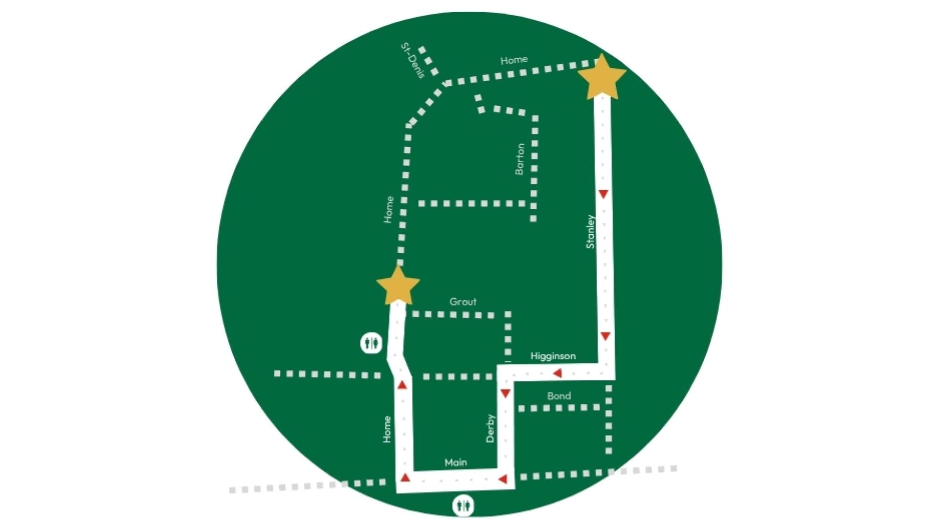 route map of the santa claus parade The parade route begins at the corner of Stanley Street and Home Avenue, continuing along: Higginson Street Derby Street Main Street Home Avenue The parade concludes at École élémentaire catholique Saint-Grégoire.