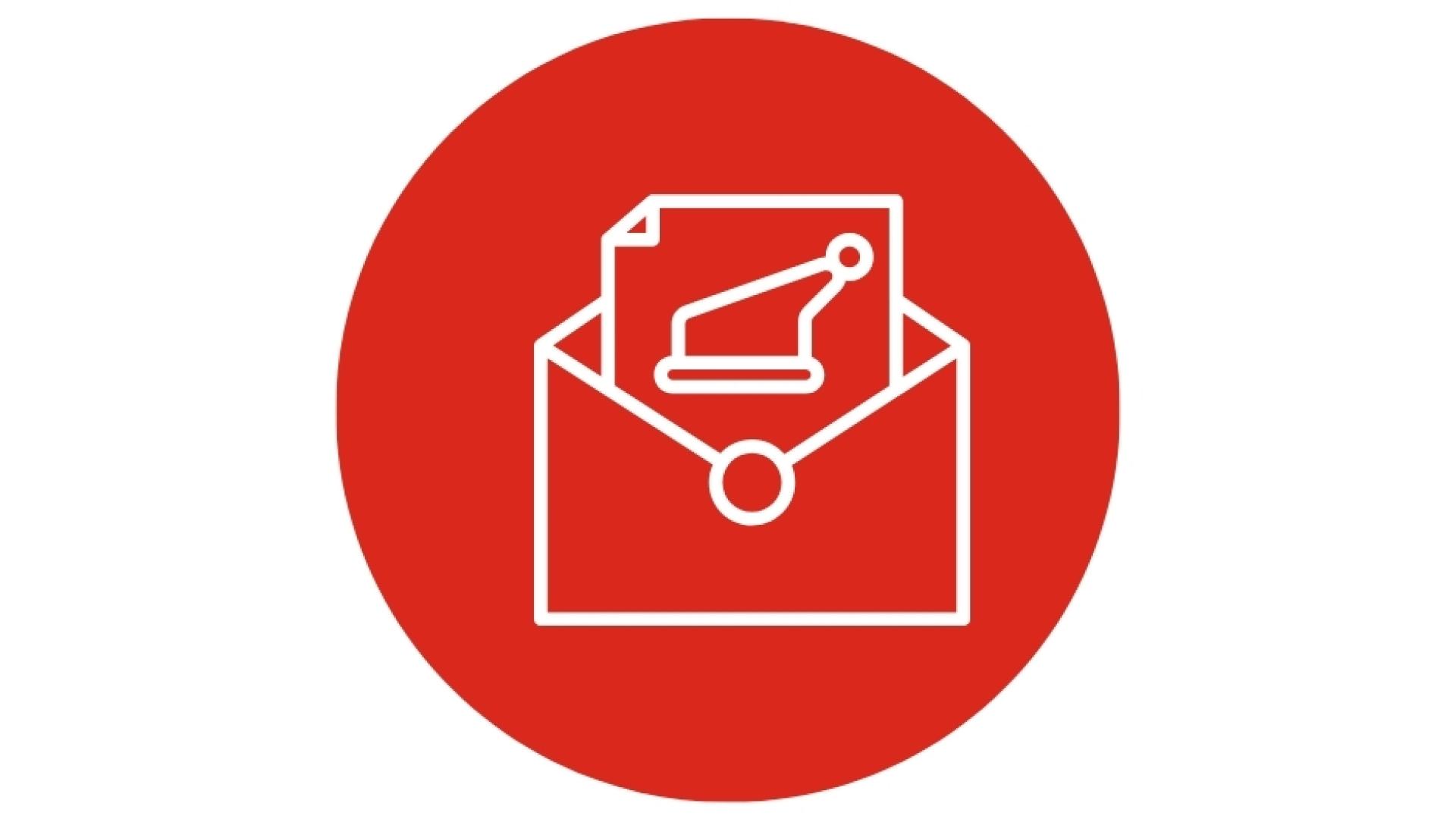 icon of an envelope with a letter with the image of santa's hat on the letter